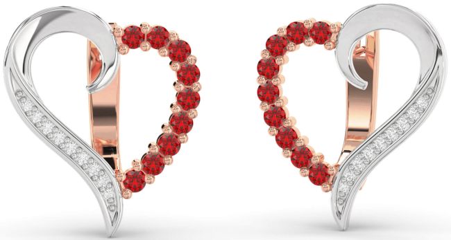 Diamond Ruby White Rose Gold Heart Stud Earrings