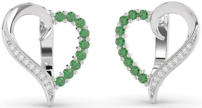 Diamond Emerald Silver Heart Stud Earrings