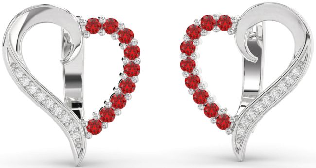 Diamond Ruby Platinum Heart Stud Earrings