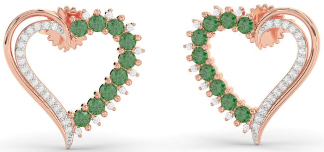 Diamond Emerald Rose Gold Heart Stud Earrings