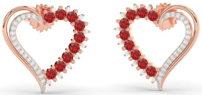 Diamond Ruby Rose Gold Heart Stud Earrings