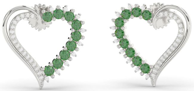 Diamond Emerald Platinum Heart Stud Earrings