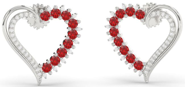Diamond Ruby White Gold Heart Stud Earrings