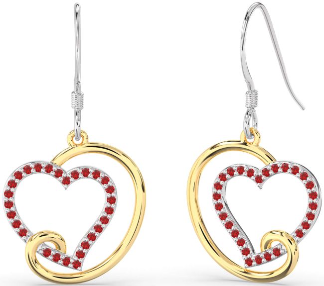Ruby Gold Silver Heart Dangle Earrings