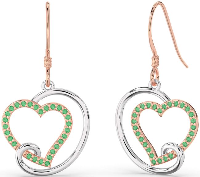 Emerald White Rose Gold Heart Dangle Earrings