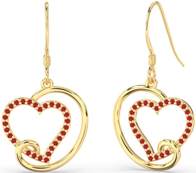 Ruby Gold Heart Dangle Earrings