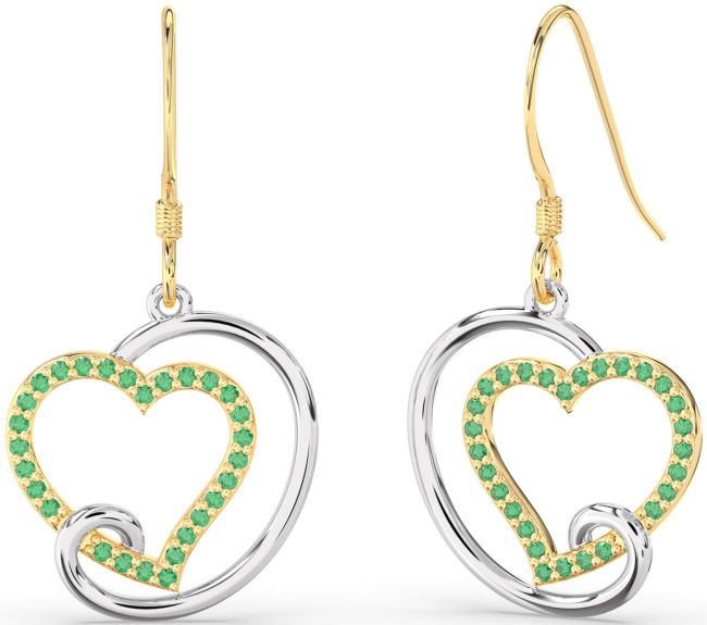 Emerald Gold Silver Heart Dangle Earrings