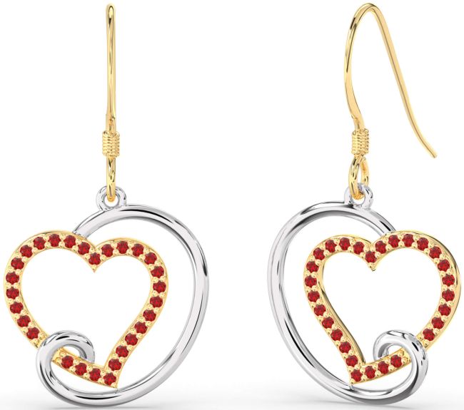Ruby Gold Silver Heart Dangle Earrings