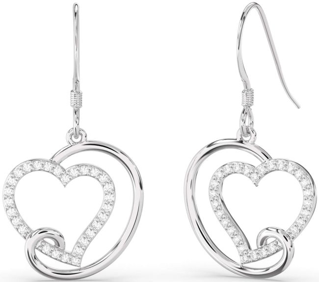 Diamond Silver Heart Dangle Earrings