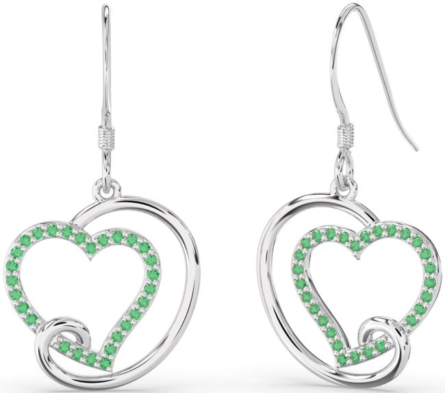 Emerald White Gold Heart Dangle Earrings