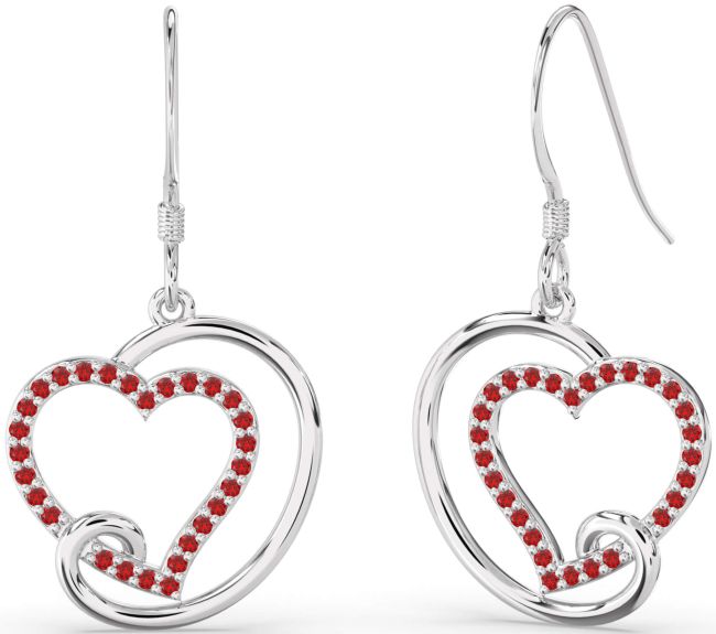 Ruby Silver Heart Dangle Earrings