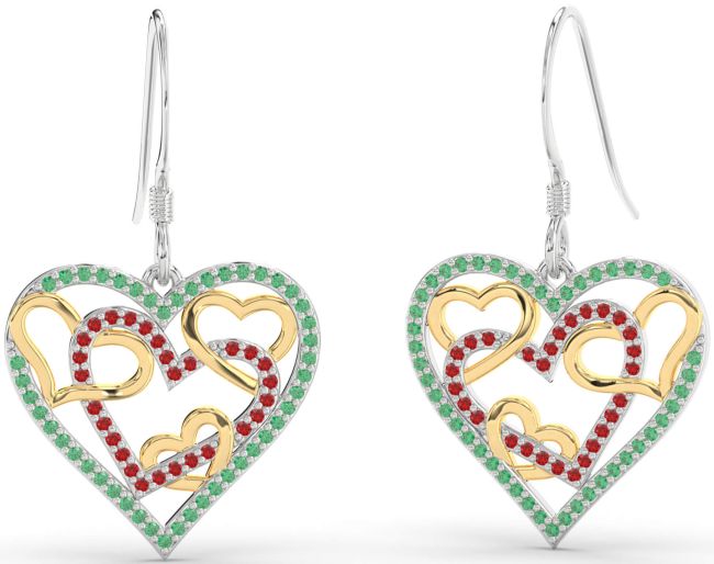 Emerald & Ruby Gold Silver Heart Dangle Earrings