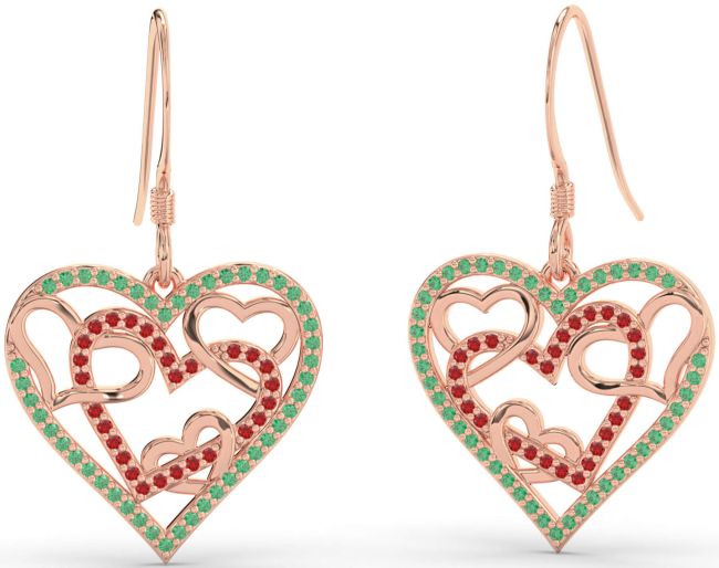 Emerald & Ruby Rose Gold Heart Dangle Earrings