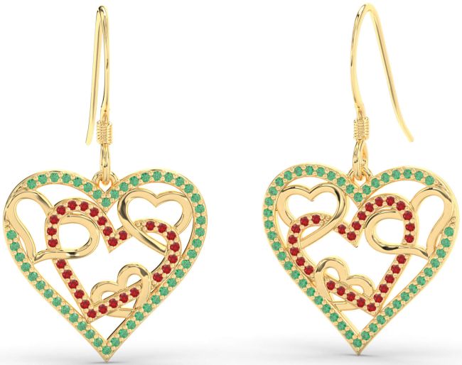 Emerald & Ruby Gold Heart Dangle Earrings