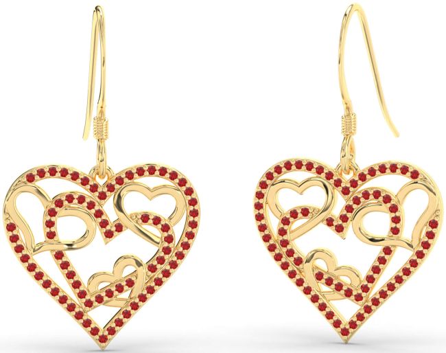 Ruby Gold Heart Dangle Earrings