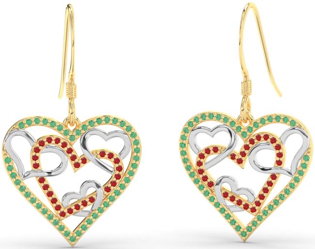 Emerald & Ruby Gold Silver Heart Dangle Earrings