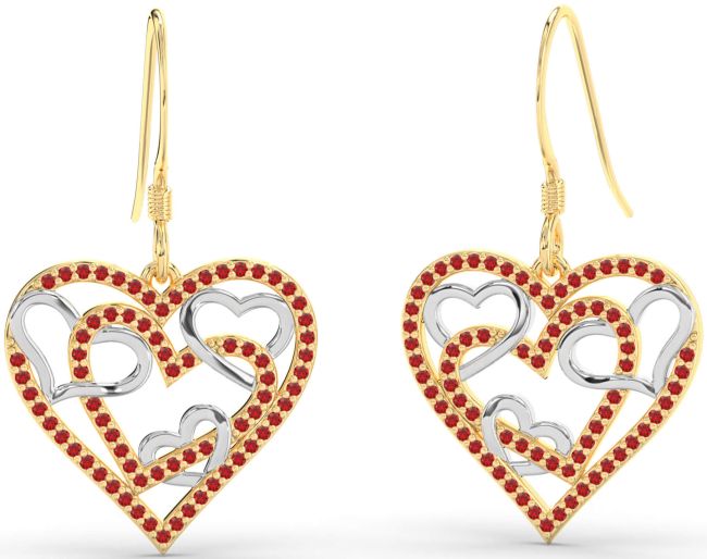 Ruby Gold Silver Heart Dangle Earrings