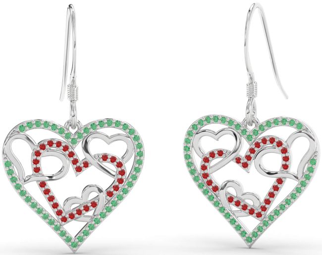 Emerald & Ruby Platinum Heart Dangle Earrings