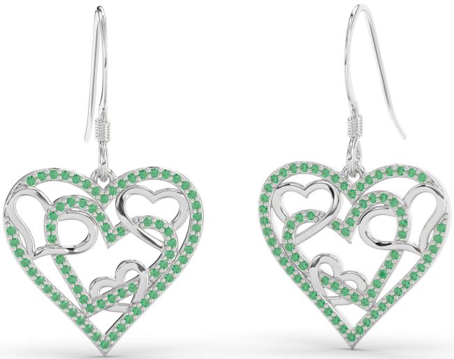 Emerald Platinum Heart Dangle Earrings