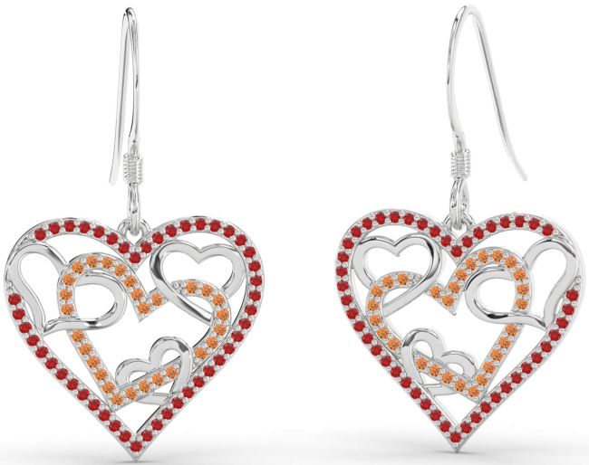 Ruby & Citrine Silver Heart Dangle Earrings