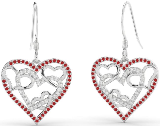 Diamond & Ruby Platinum Heart Dangle Earrings