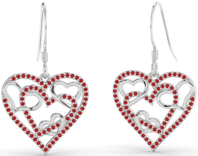 Ruby Platinum Heart Dangle Earrings