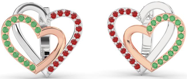 Emerald & Ruby Platinum & Rose Gold Heart Interlock Stud Earrings