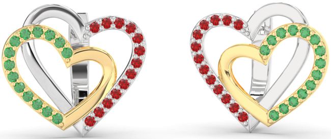 Emerald & Ruby Gold Silver Heart Interlock Stud Earrings