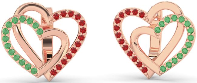 Emerald & Ruby Rose Gold Heart Interlock Stud Earrings