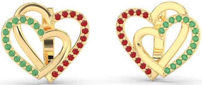 Emerald & Ruby Gold Silver Heart Interlock Stud Earrings