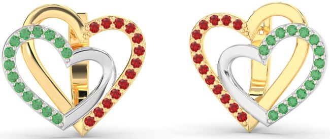 Emerald & Ruby Gold Silver Heart Interlock Stud Earrings
