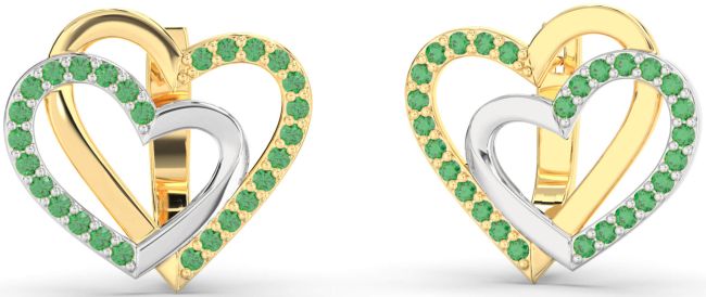 Emerald Gold Silver Heart Interlock Stud Earrings