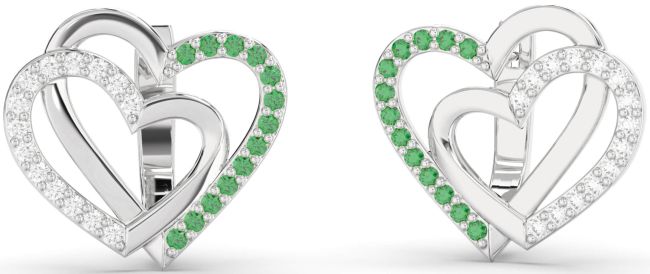 Emerald & Diamond Silver Heart Interlock Stud Earrings
