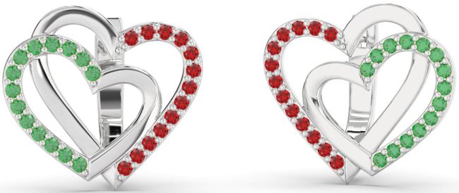 Emerald & Ruby Platinum Heart Interlock Stud Earrings