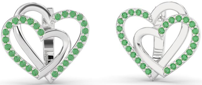 Emerald Platinum Heart Interlock Stud Earrings