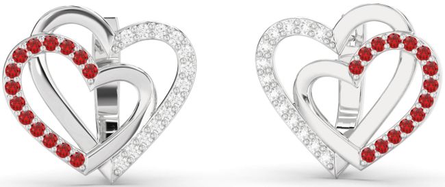 Diamond & Ruby Platinum Heart Interlock Stud Earrings