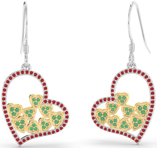 Emerald & Ruby Gold Silver Heart Dangle Earrings
