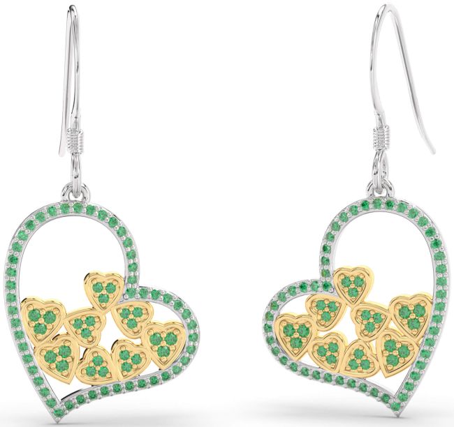 Emerald Gold Silver Heart Dangle Earrings