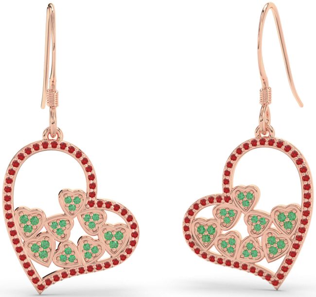 Emerald & Ruby Rose Gold Heart Dangle Earrings