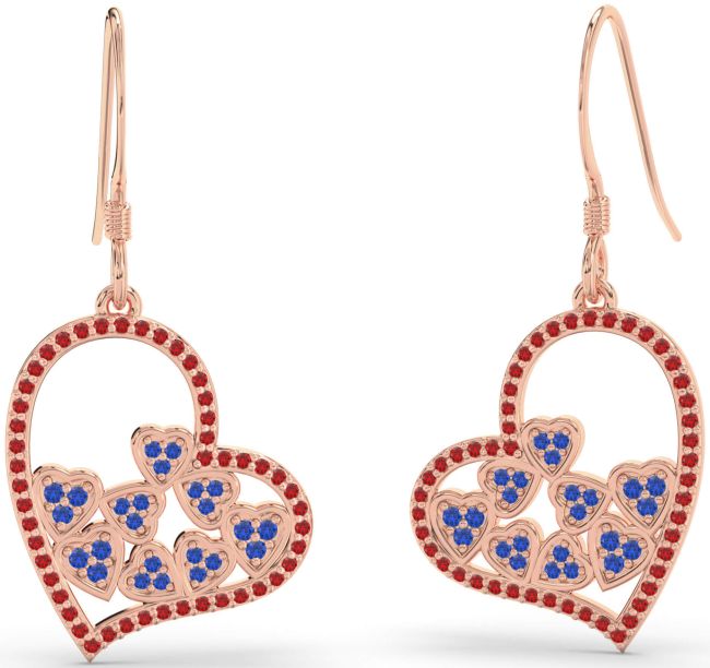 Blue Sapphire & Ruby Rose Gold Heart Dangle Earrings