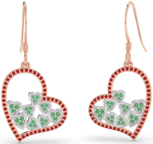 Emerald & Ruby White Rose Gold Heart Dangle Earrings