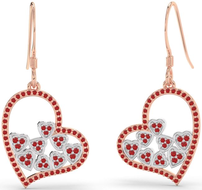 Ruby White Rose Gold Heart Dangle Earrings