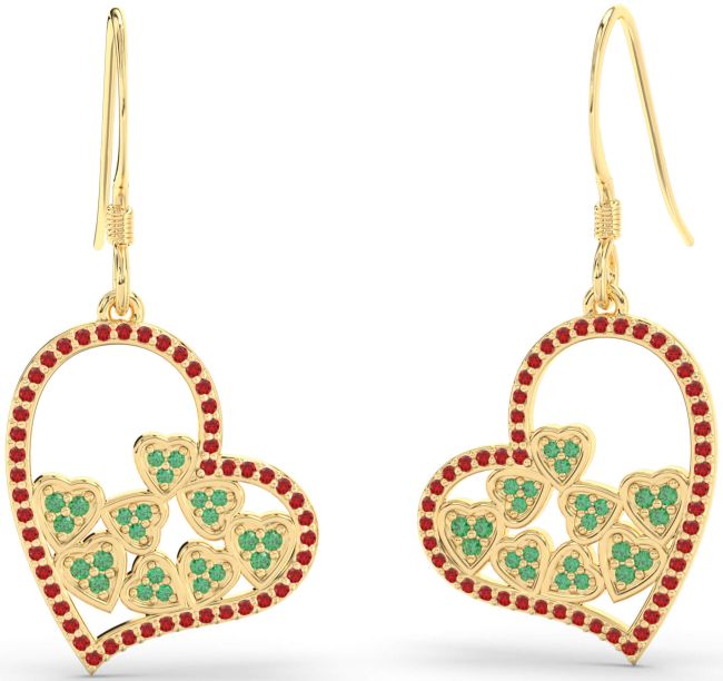 Emerald & Ruby Gold Heart Dangle Earrings