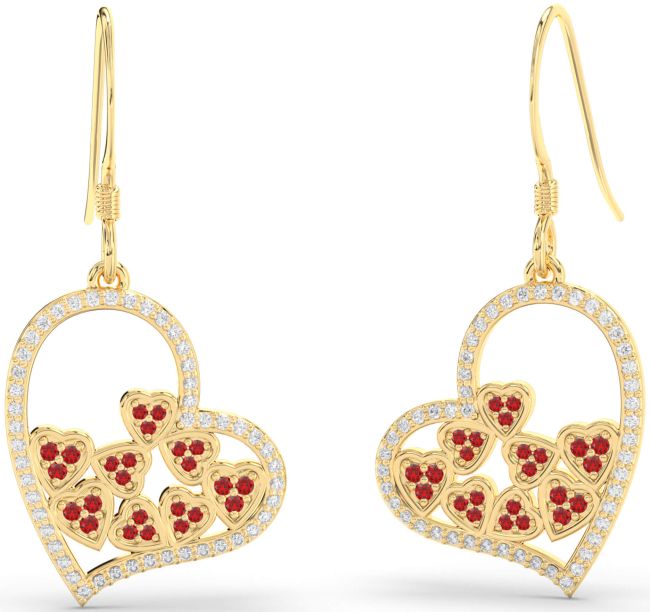 Diamond & Ruby Gold Heart Dangle Earrings