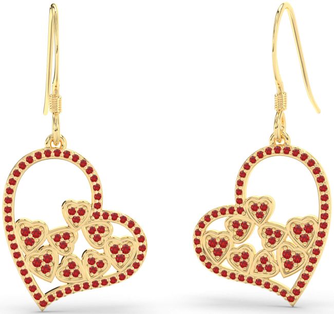 Ruby Gold Heart Dangle Earrings