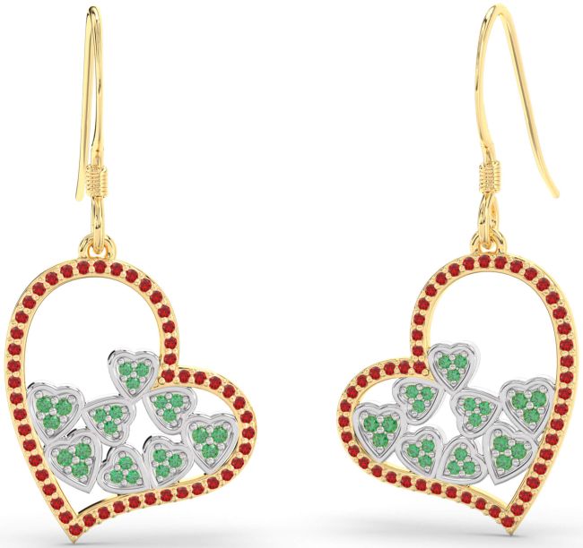 Emerald & Ruby Gold Silver Heart Dangle Earrings