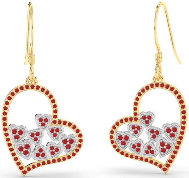 Ruby Gold Silver Heart Dangle Earrings