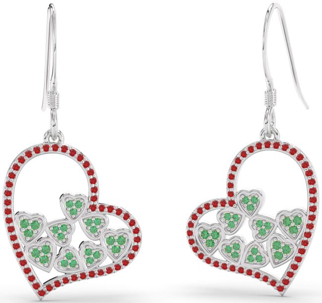 Emerald & Ruby Silver Heart Dangle Earrings