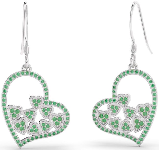 Emerald Platinum Heart Dangle Earrings
