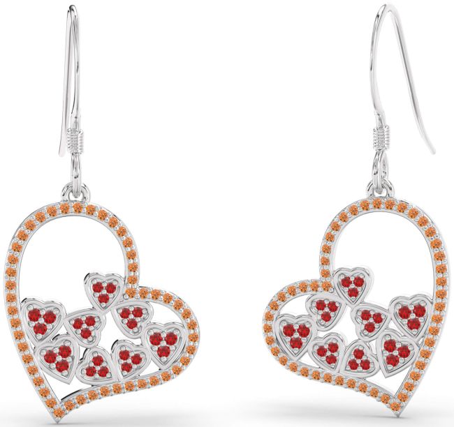 Ruby & Citrine Silver Heart Dangle Earrings